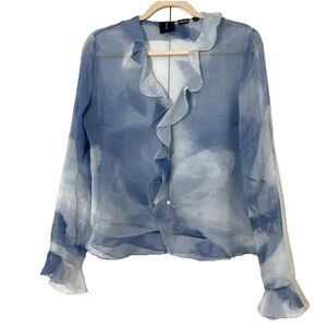 Mag Blouse Size 8 100% Silk Sheer Blue Ruffle Hem Feminine Whimsigoth Fairy